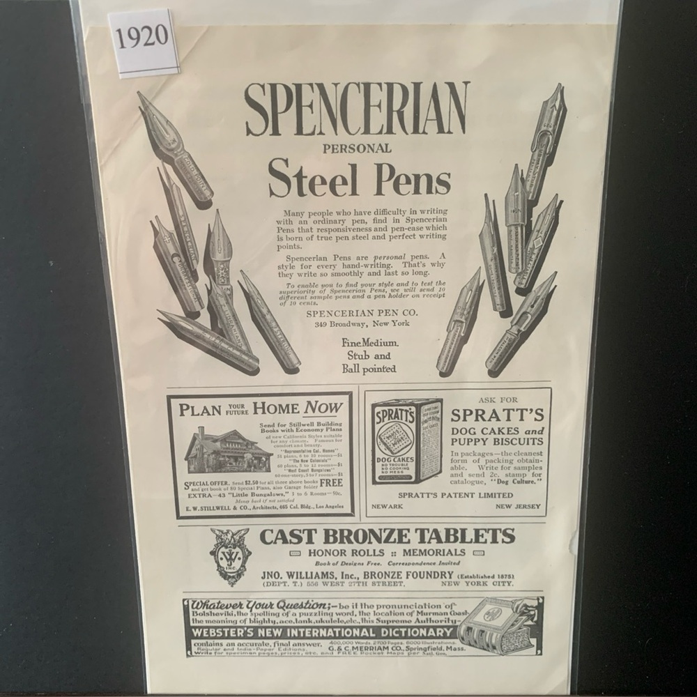 Vintage 1920 Spencerian Personal Steel Pens Ad Advertisement